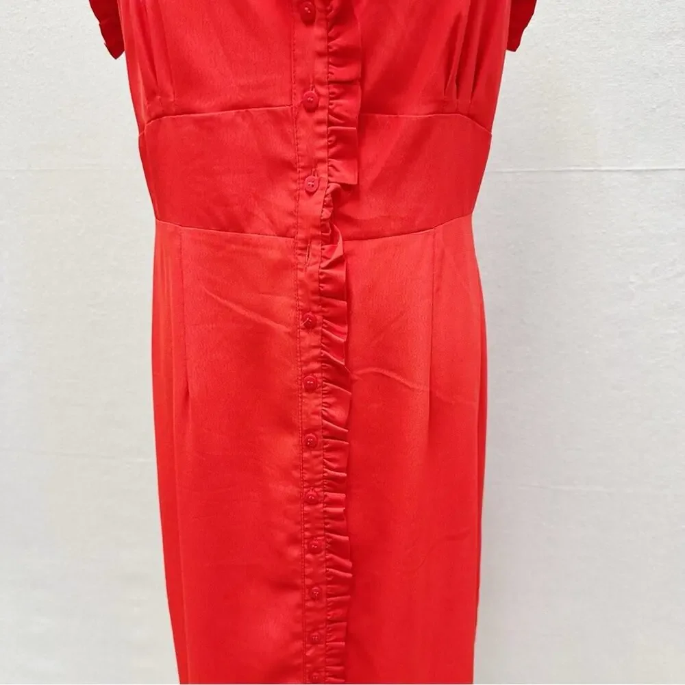 Topshop red ruffle accent button up sweetheart midi sunndress US size 8‎